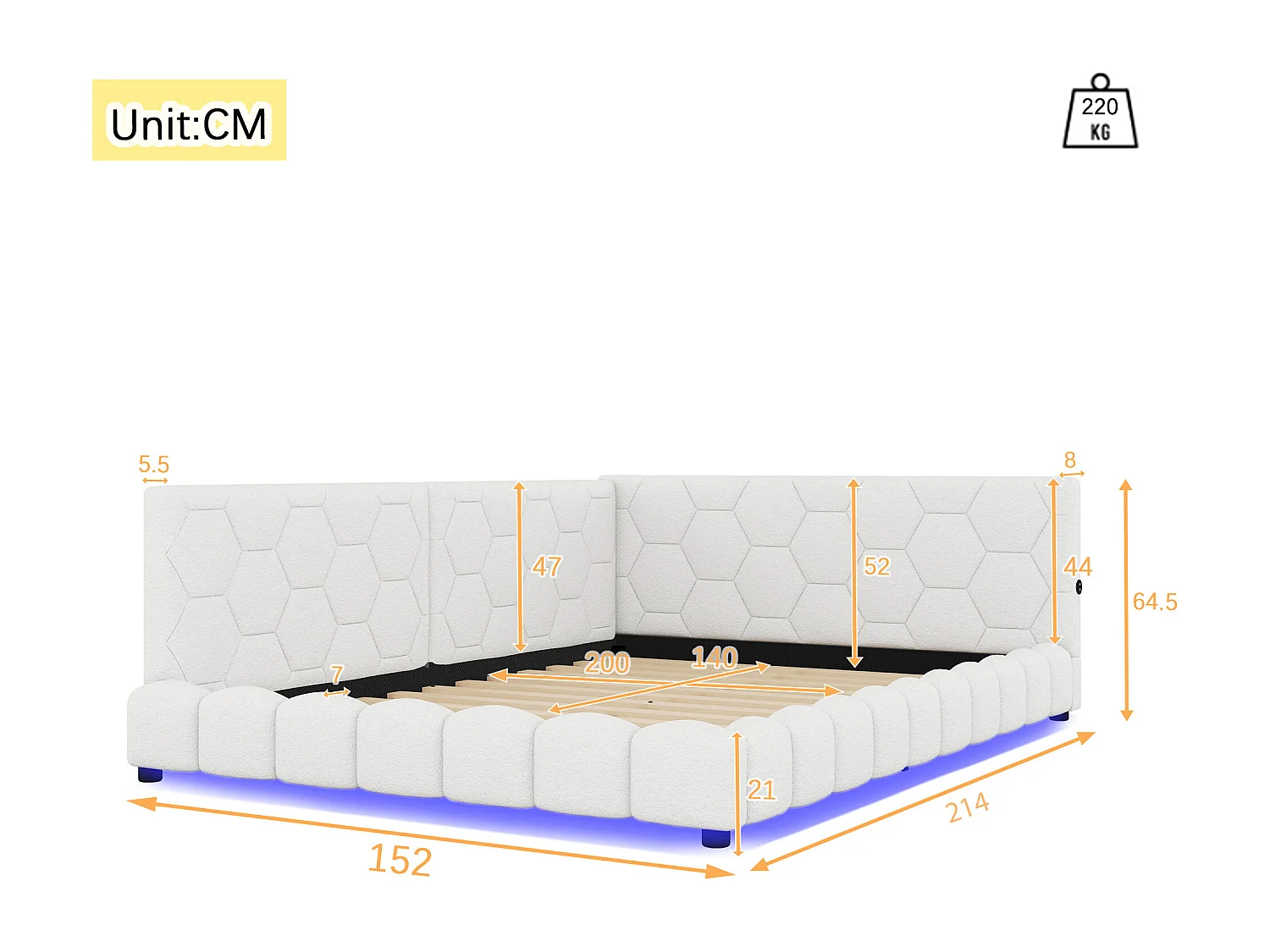 Lit 140x200 cm avec Sommier à Lattes, Éclairage Ambiance RGB, Prises USB et Type-C, Tissu Doux - Blanc