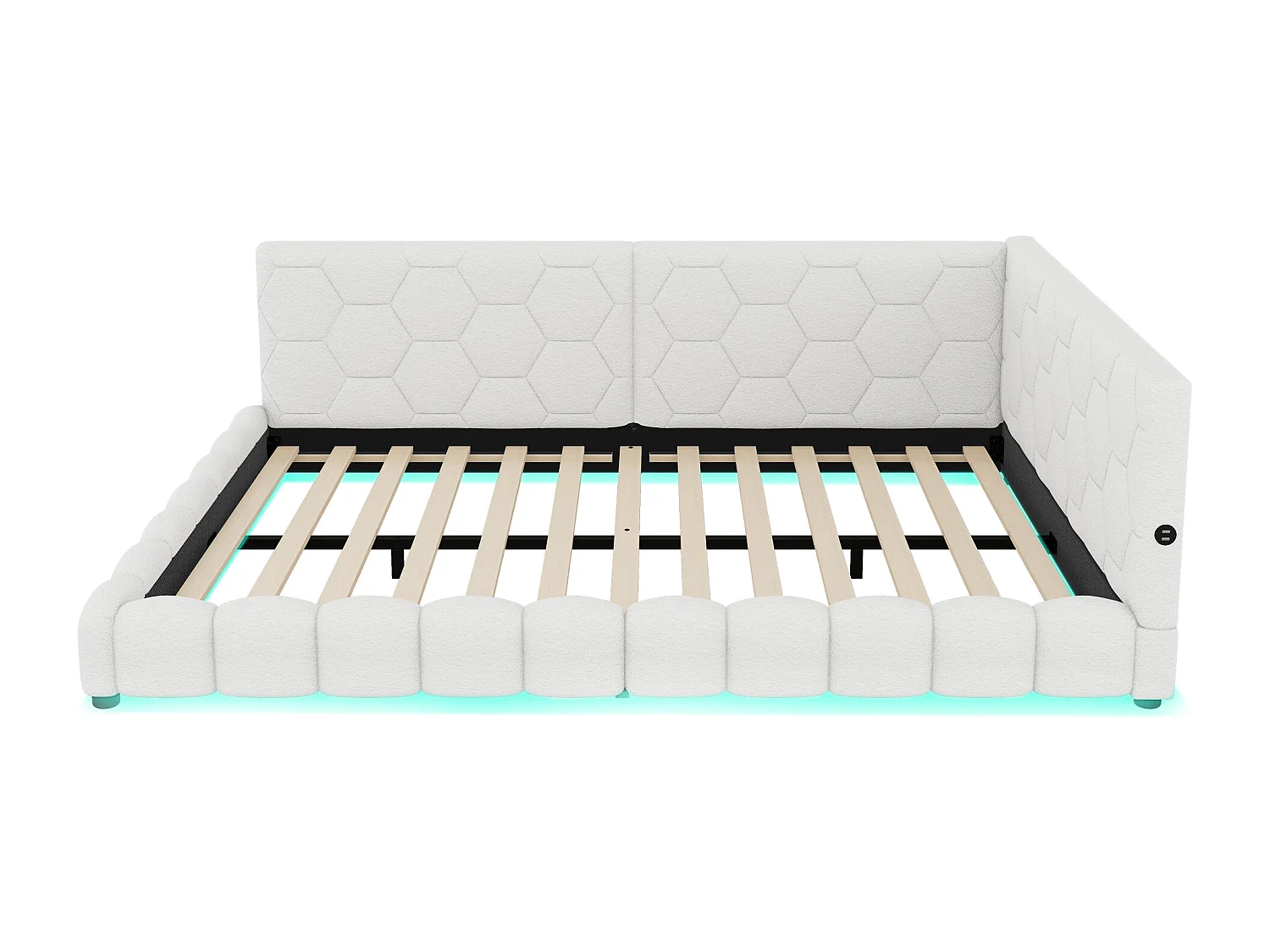 Lit 140x200 cm avec Sommier à Lattes, Éclairage Ambiance RGB, Prises USB et Type-C, Tissu Doux - Blanc