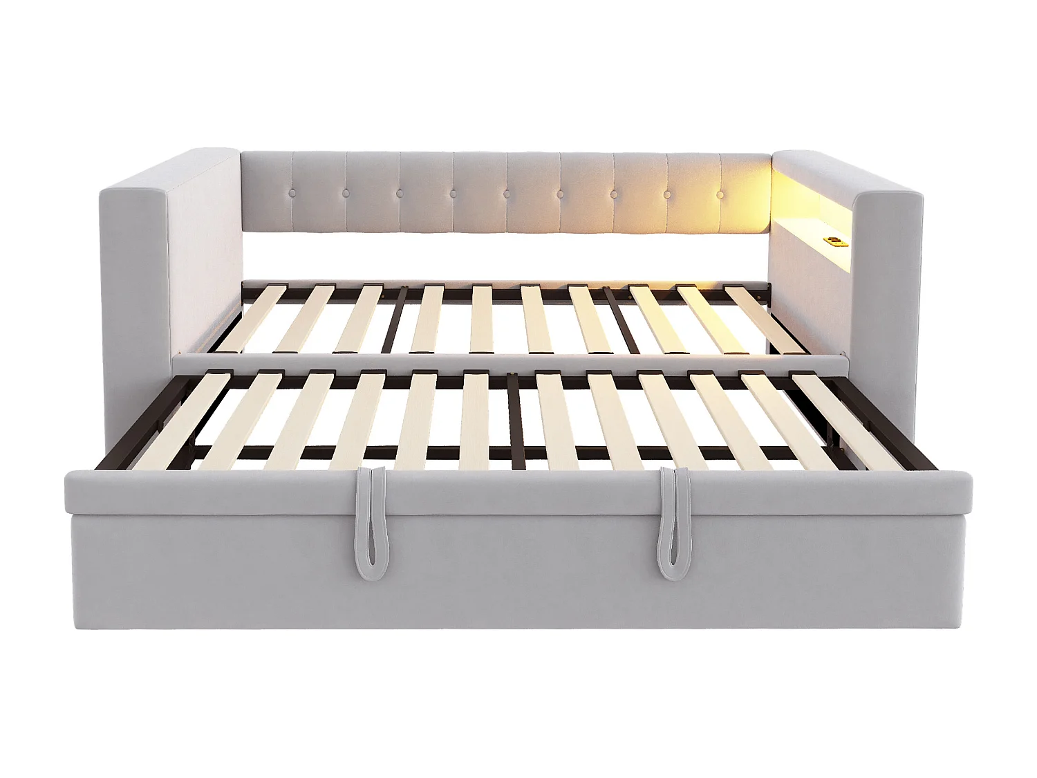 Canapé-Lit 90/180x190 cm avec Éclairage LED, Prises et Grand Espace de Rangement, Lit Multifonction - Gris Clair