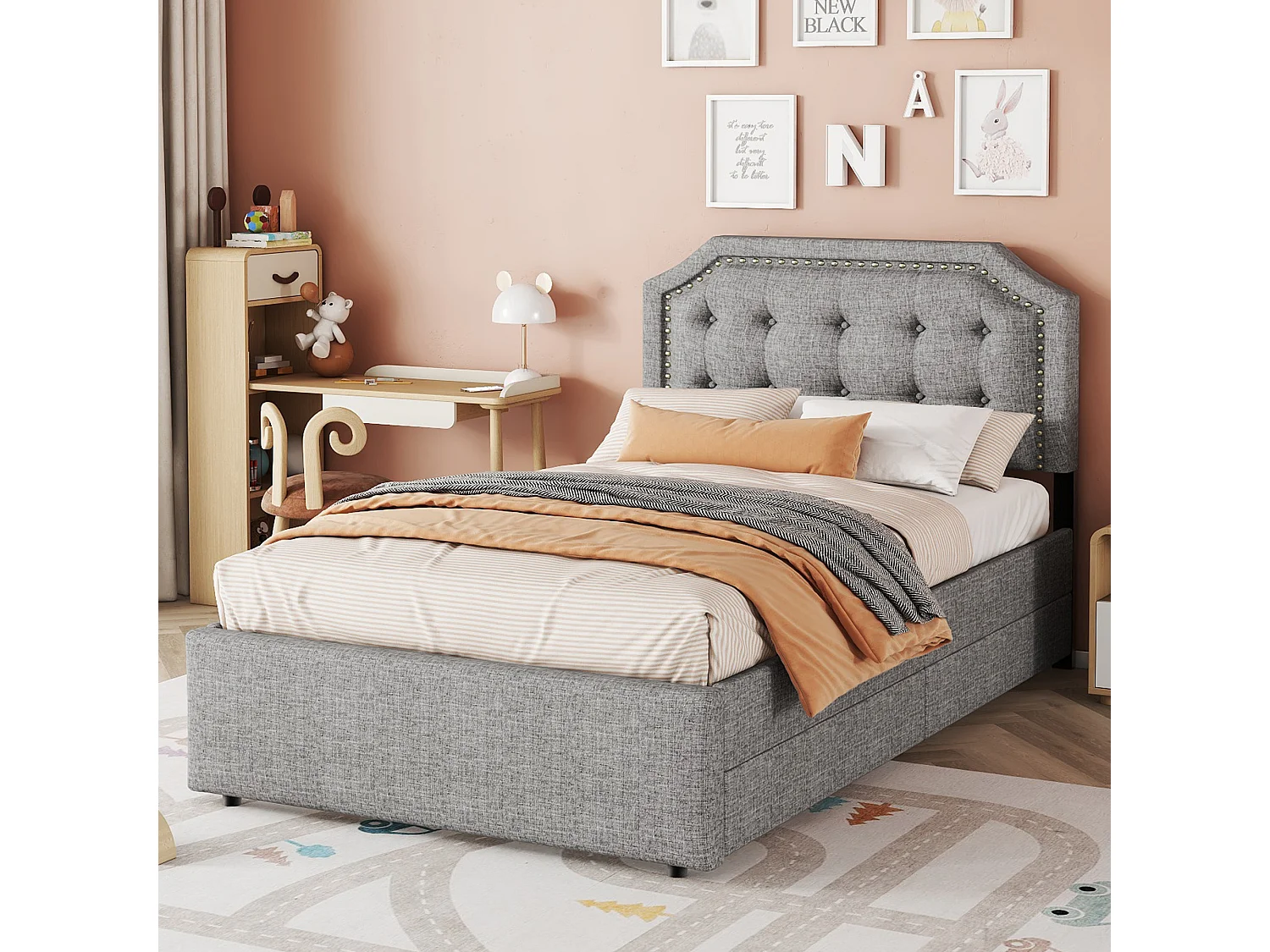 Cama plana de 90x200 cm, tapizada, con mesita de noche y reposabrazos decorativo, doble cajonera - Gris