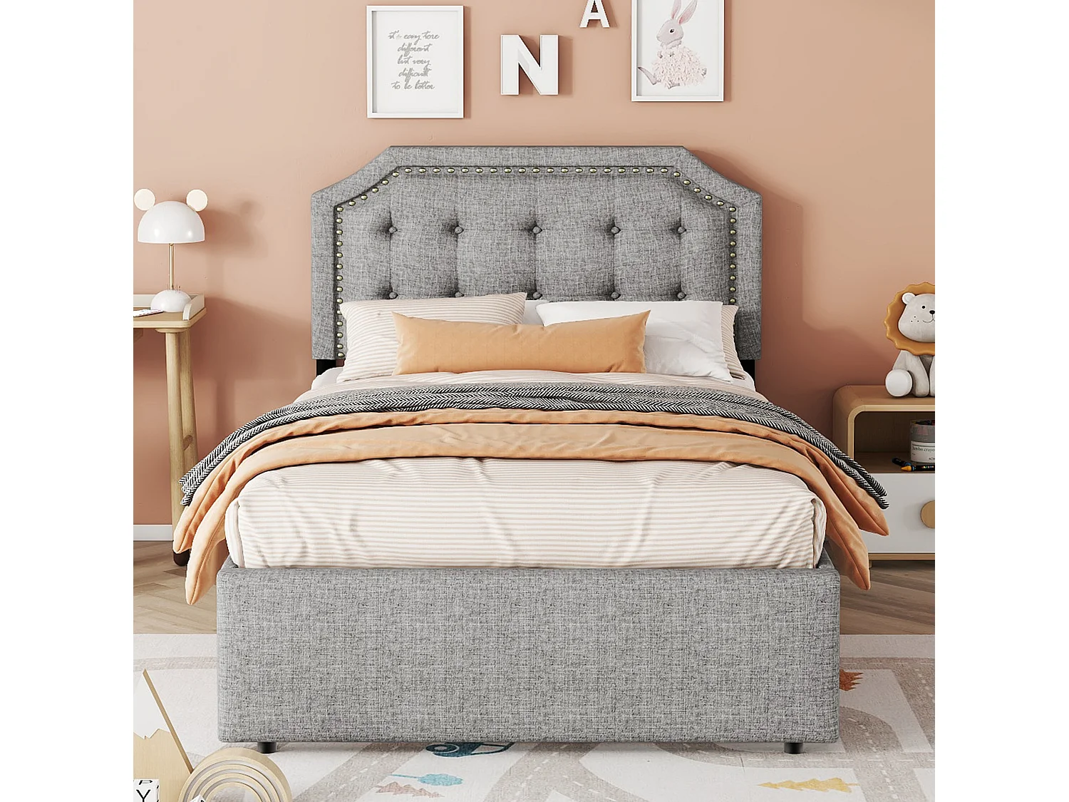 Lit Plat 90x200 cm, Lit Rembourré avec Table de Nuit et Accoudoir Décoratif, Tiroirs Doubles - Gris