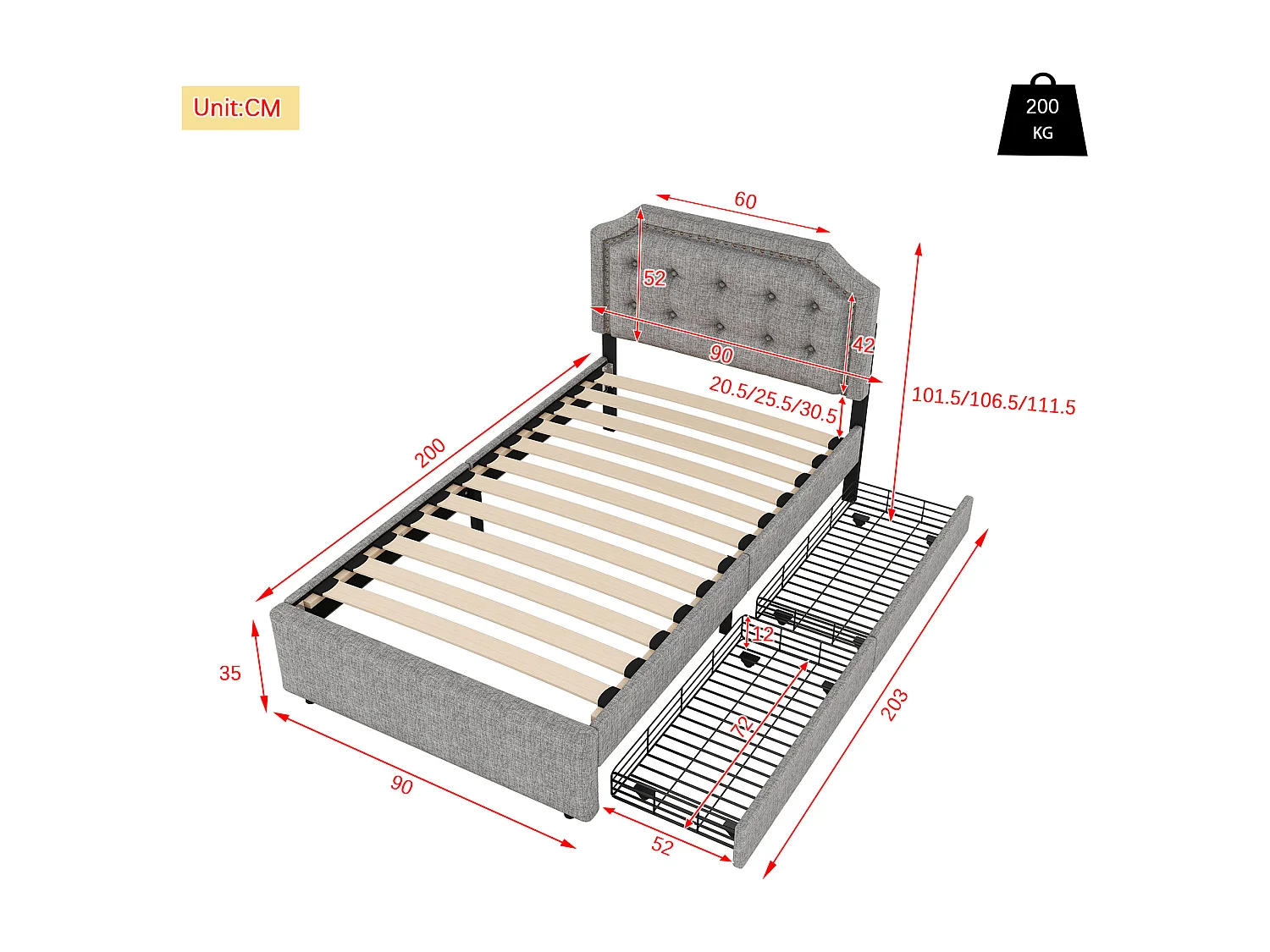 Cama plana de 90x200 cm, tapizada, con mesita de noche y reposabrazos decorativo, doble cajonera - Gris