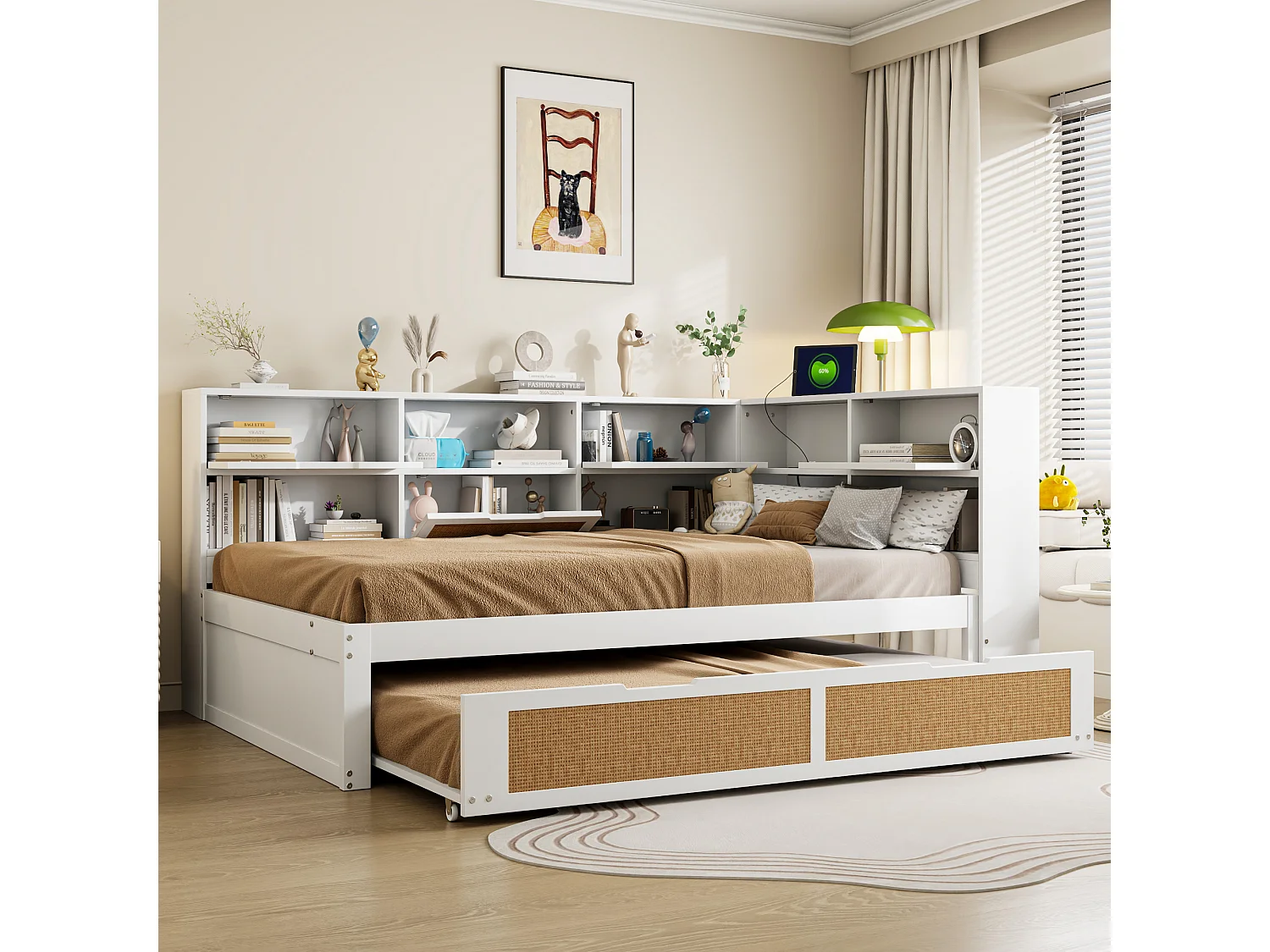 Houten slaapbank 140x200 cm, multifunctioneel bed voor kinderen, opberg- en oplaadpoorten - wit