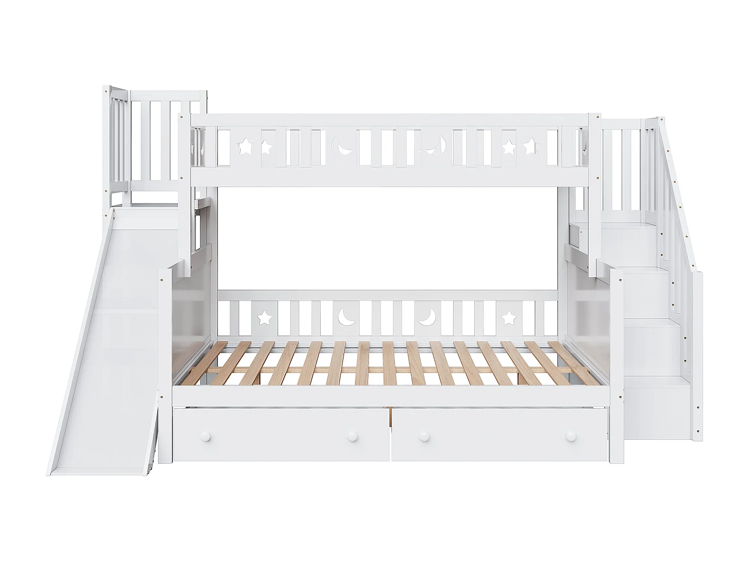 Lit Superposé 90x200/140x200 cm en Bois Massif avec Toboggan, Étageres, 2 Grands Tiroirs et Sommier Inclus - Blanc