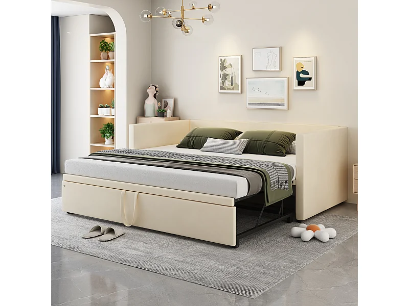 Canapé-Lit Convertible 90/180x200 cm avec Sommier à Lattes, Lit Multifonction en Tissu Doux - Beige