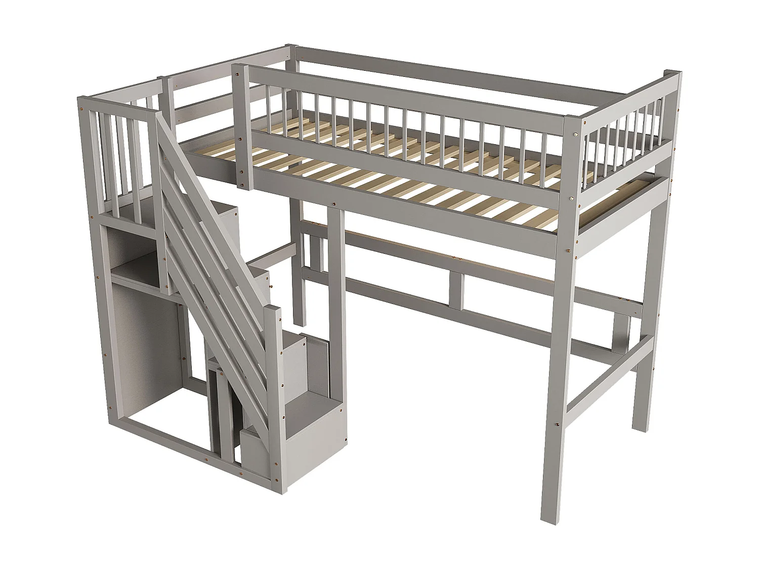 Lit en Bois Massif 90x200 cm avec Échelle et Rangement, Design Élevé pour Enfant et Ado - Gris