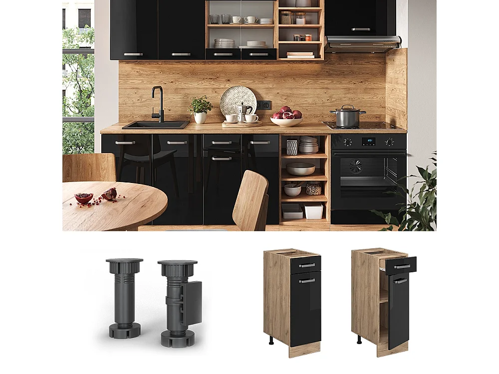 Meuble cuisine noir haute brillance 30x60x81.6 r-line