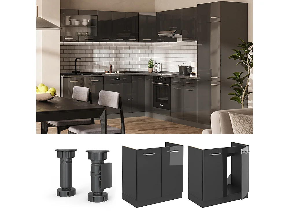 Meuble bas sous-évier anthracite haute brillance 80x46x81.6 r-line