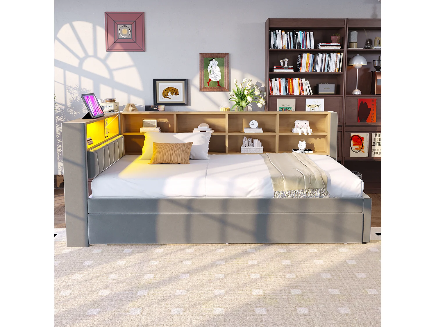 Slaapbank 90x200 cm, uitschuifbaar bed 90x190 cm met ledverlichting, stopcontacten en opbergruimte - Multifunctioneel flanel, donkergrijs