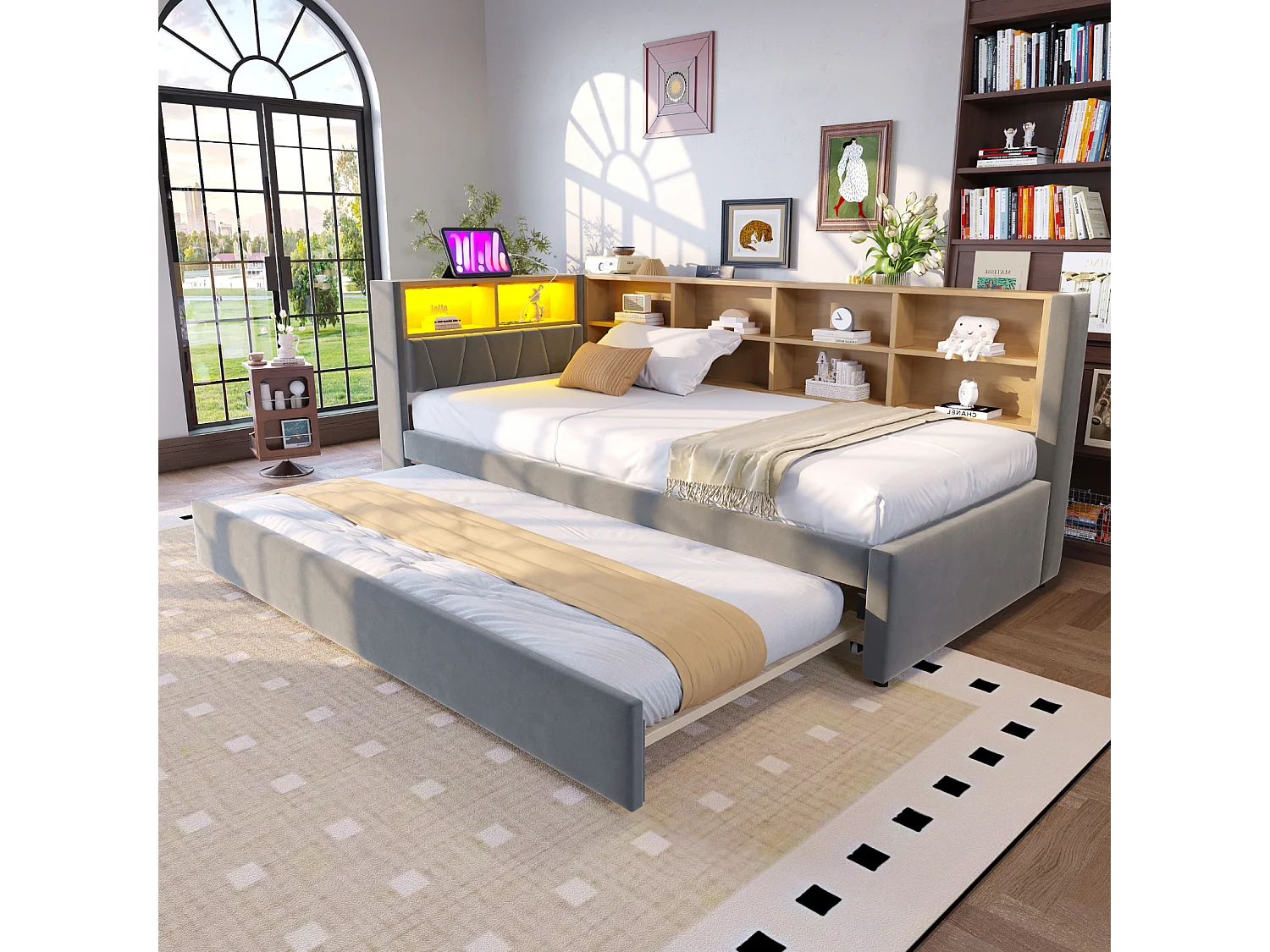 Slaapbank 90x200 cm, uitschuifbaar bed 90x190 cm met ledverlichting, stopcontacten en opbergruimte - Multifunctioneel flanel, donkergrijs
