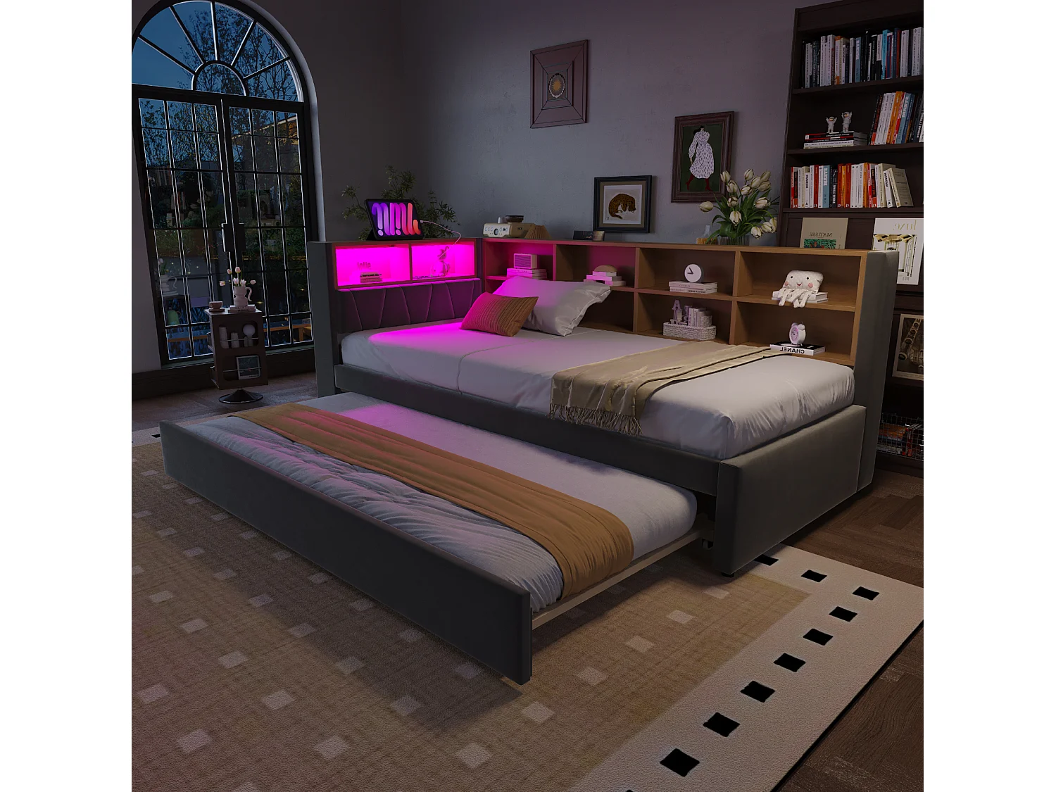 Slaapbank 90x200 cm, uitschuifbaar bed 90x190 cm met ledverlichting, stopcontacten en opbergruimte - Multifunctioneel flanel, donkergrijs