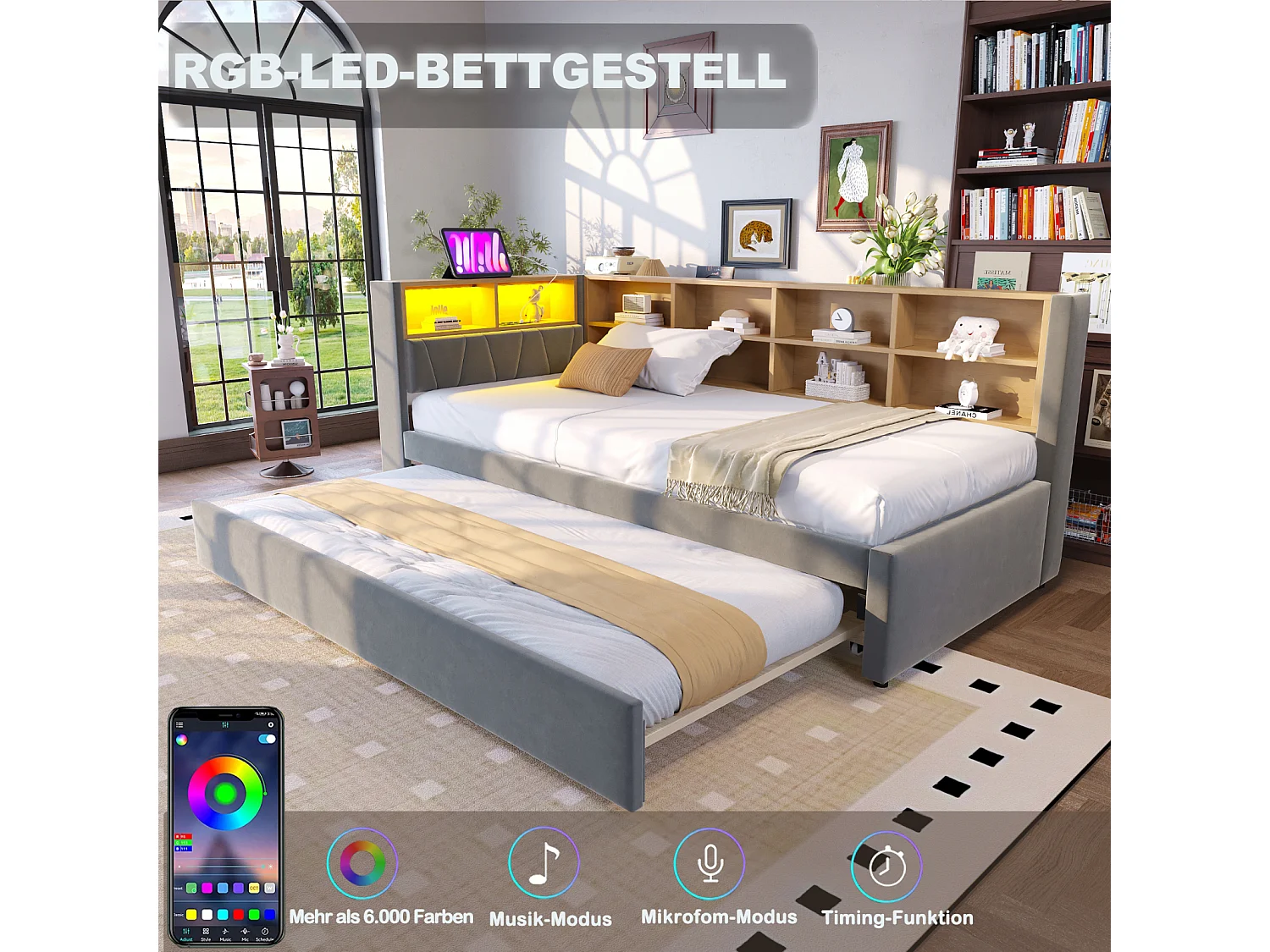 Slaapbank 90x200 cm, uitschuifbaar bed 90x190 cm met ledverlichting, stopcontacten en opbergruimte - Multifunctioneel flanel, donkergrijs