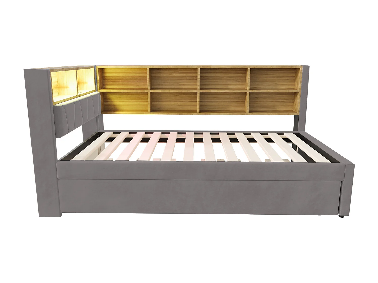 Slaapbank 90x200 cm, uitschuifbaar bed 90x190 cm met ledverlichting, stopcontacten en opbergruimte - Multifunctioneel flanel, donkergrijs
