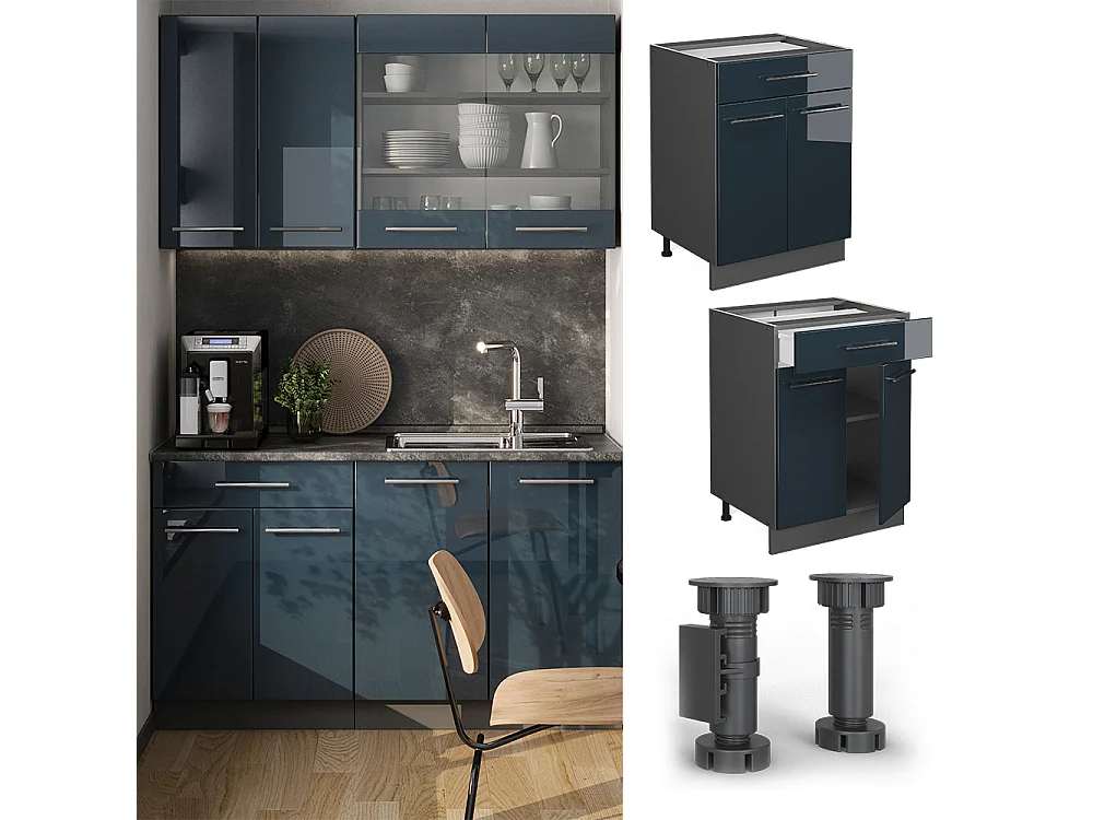 Mueble bajo de cocina azul oscuro alto brillo 60x60x82 fame-line