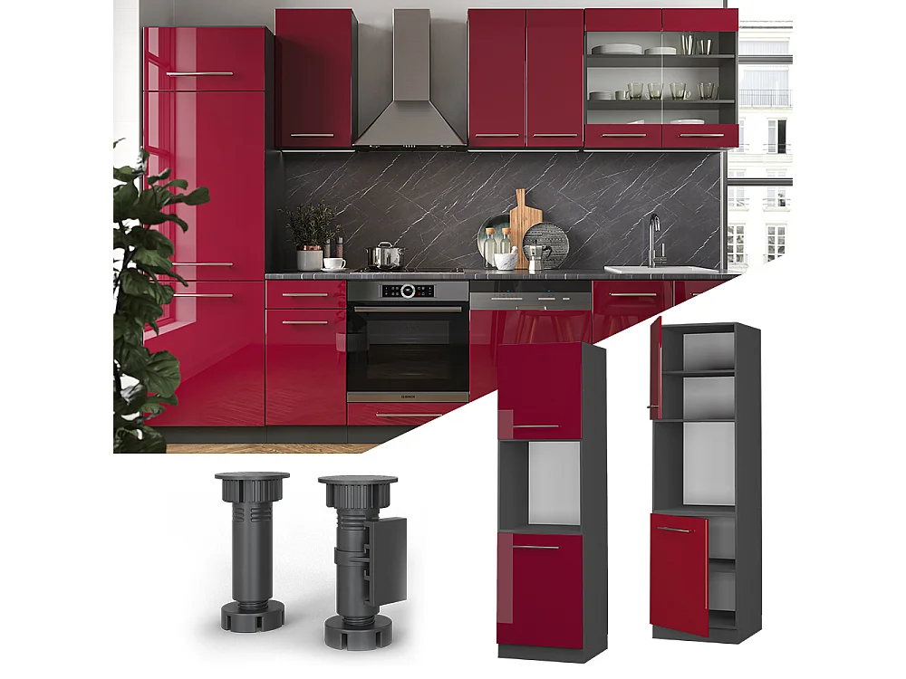 Meuble pour four rouge bordeaux haute brillance 60x58x206.8 fame-line