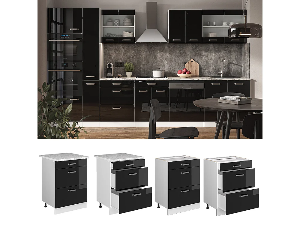 Meuble cuisine noir haute brillance 60x60x81.6 r-line