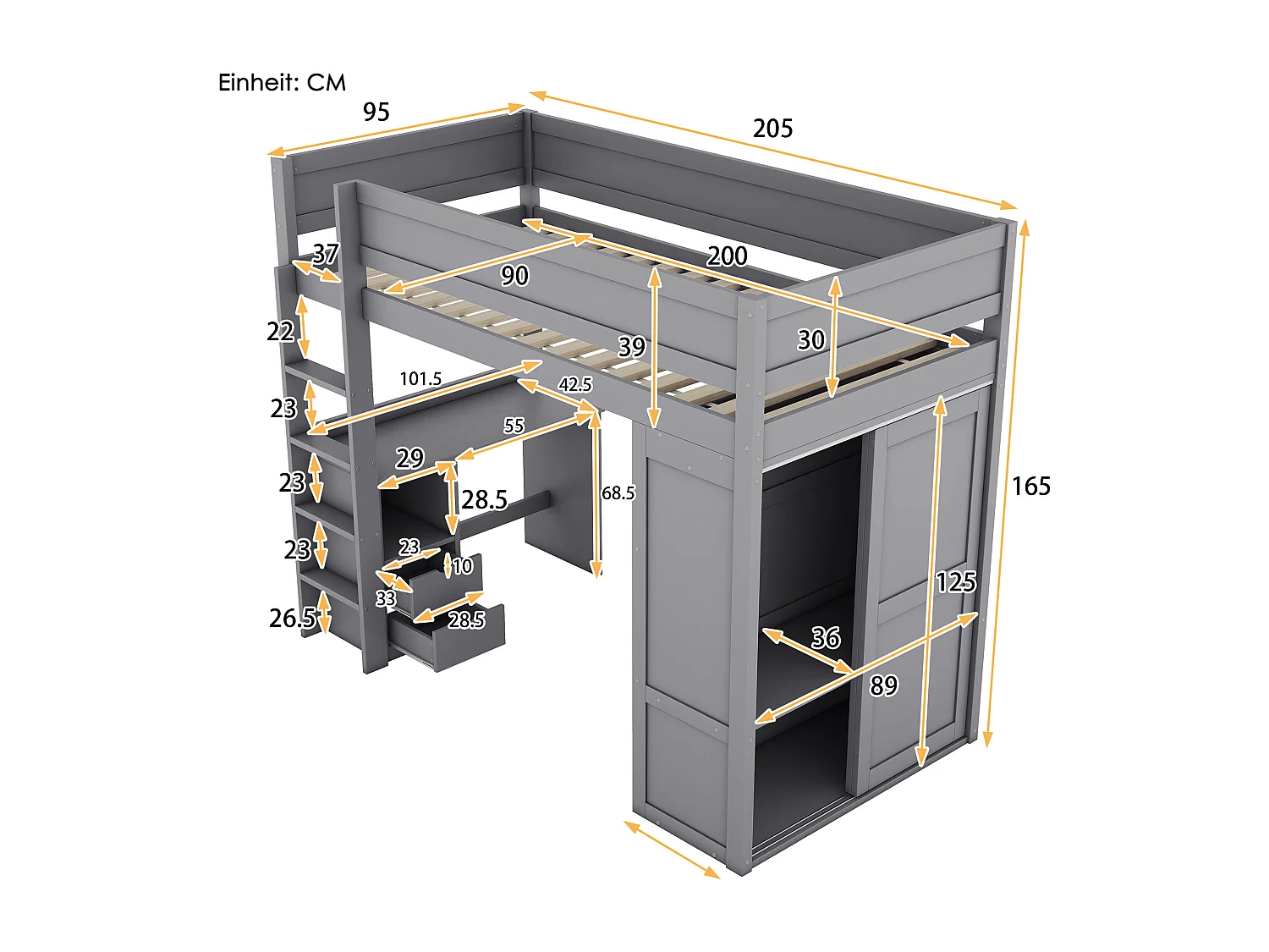 Lit Mezzanine 90x200 cm, Lit Multifonction Enfant avec Armoire, Bureau et Tiroirs - Gris