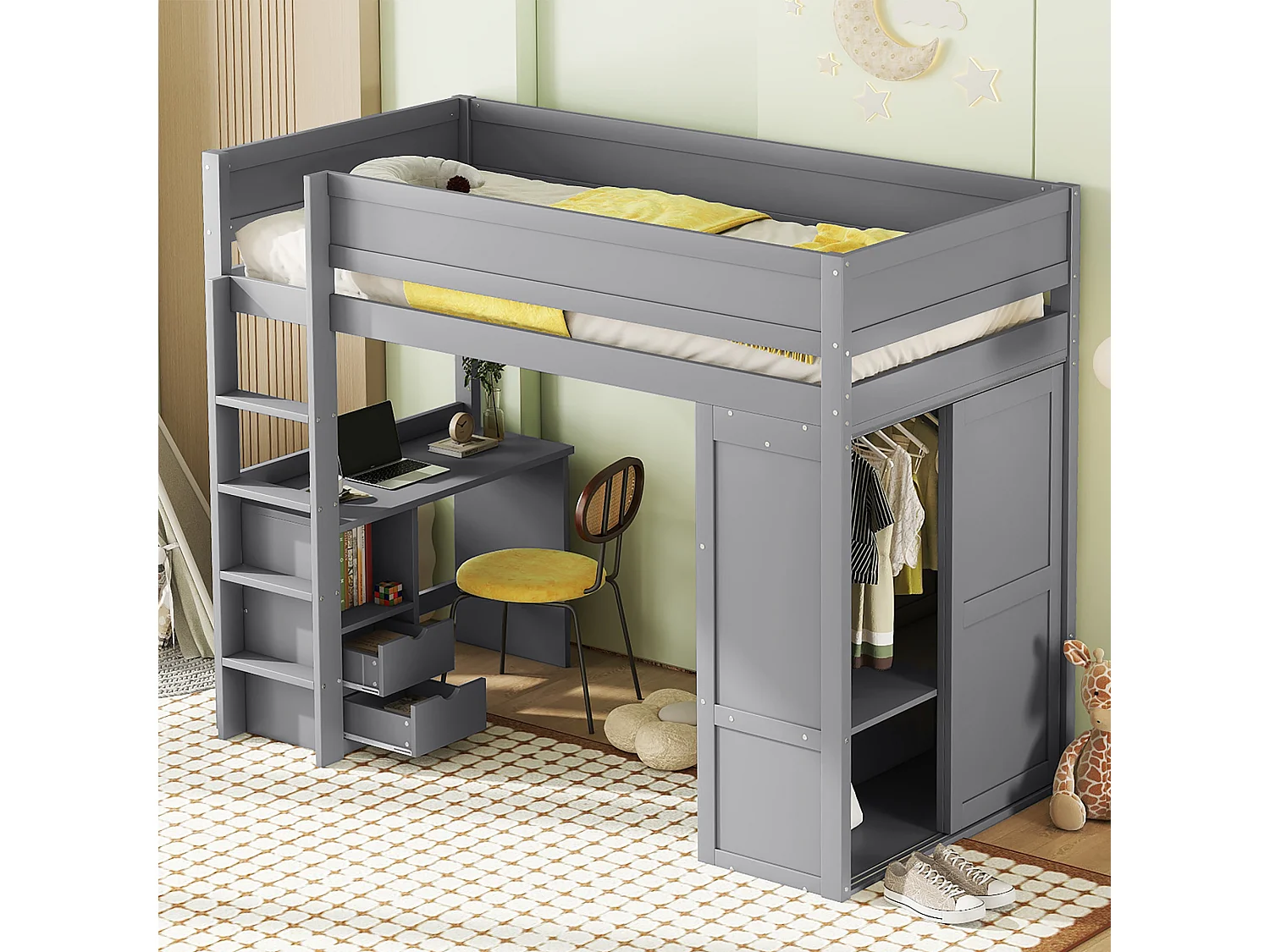 Hochbett (90 x 200 cm), multifunktionales Kinderbett mit Kleiderschrank, Schreibtisch und Schubladen – Grau