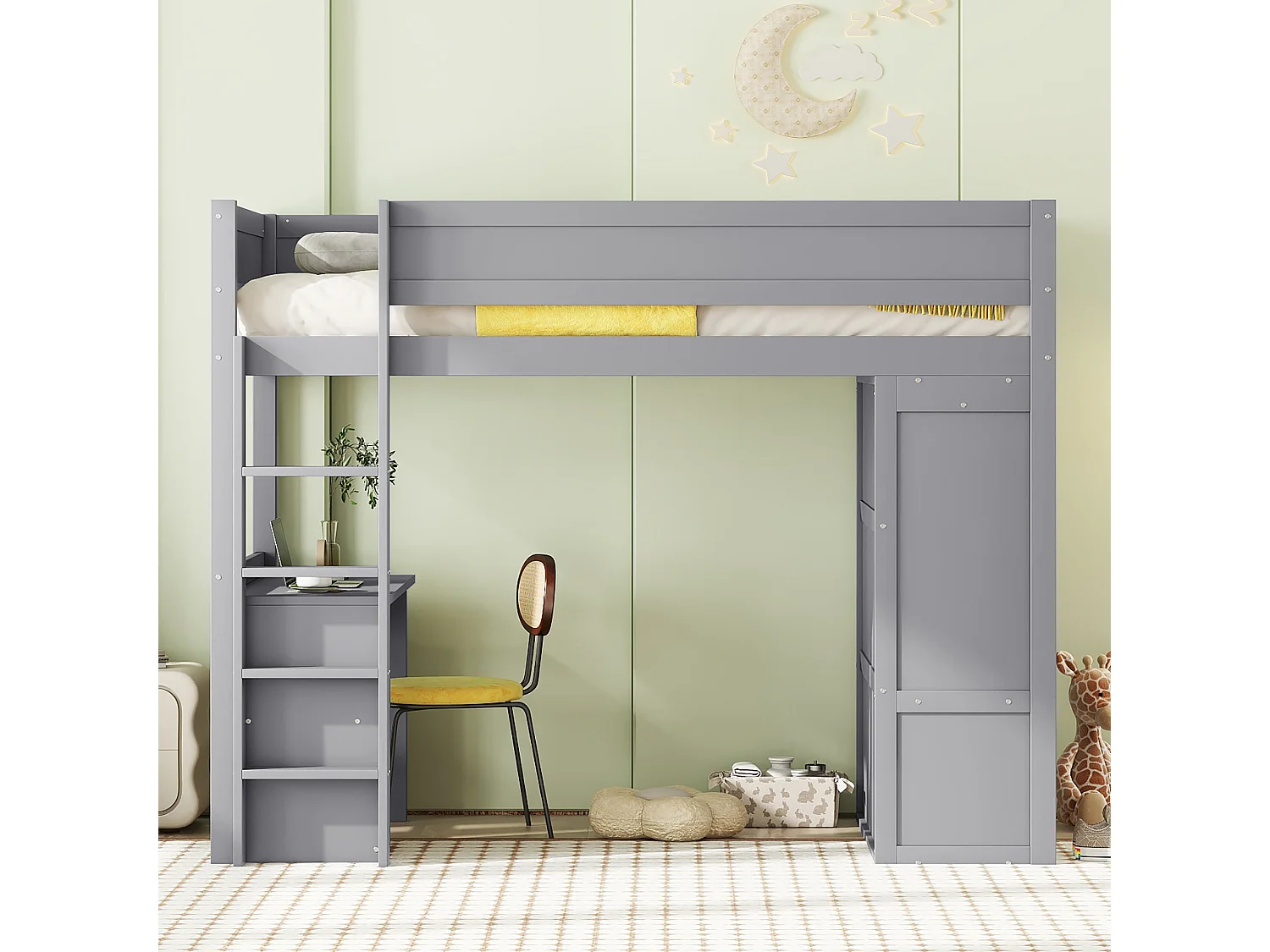 Hochbett (90 x 200 cm), multifunktionales Kinderbett mit Kleiderschrank, Schreibtisch und Schubladen – Grau