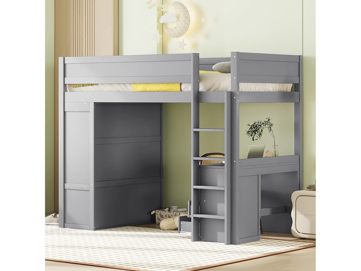 Hochbett (90 x 200 cm), multifunktionales Kinderbett mit Kleiderschrank, Schreibtisch und Schubladen – Grau