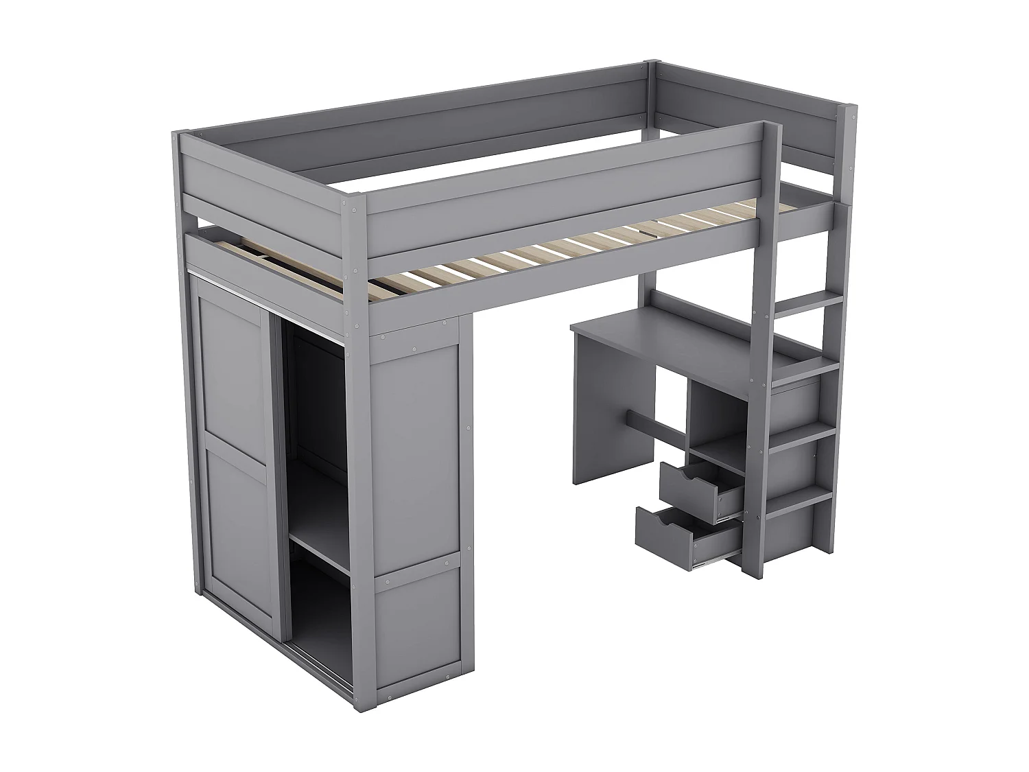 Hochbett (90 x 200 cm), multifunktionales Kinderbett mit Kleiderschrank, Schreibtisch und Schubladen – Grau
