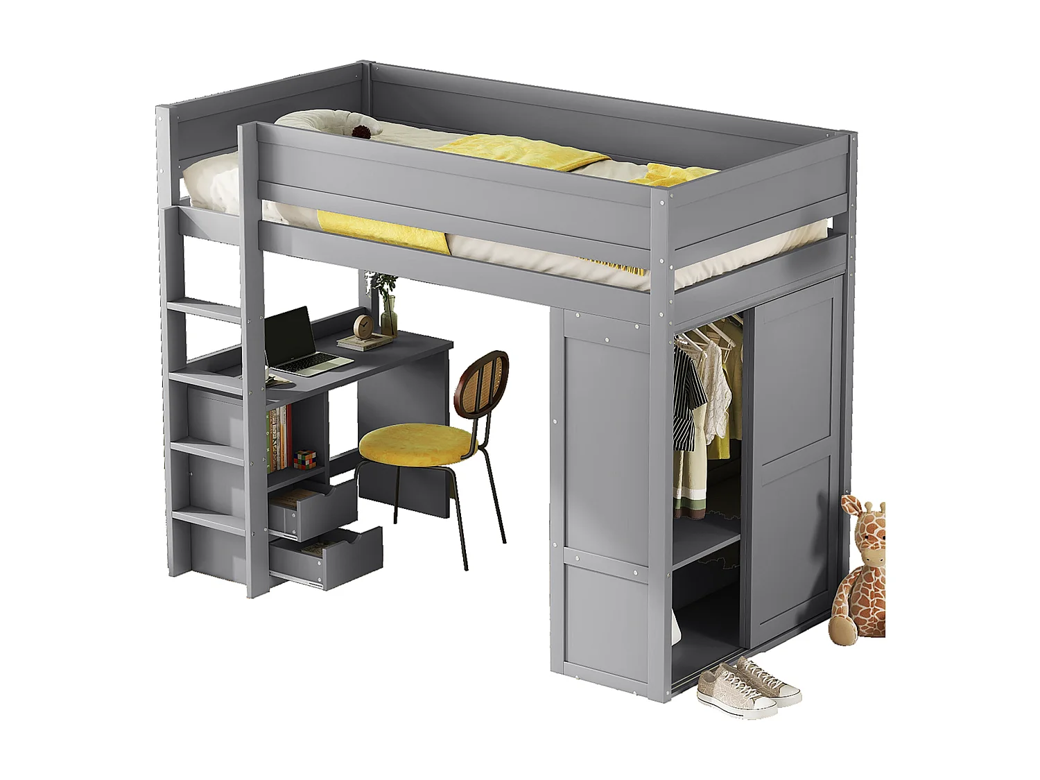 Hochbett (90 x 200 cm), multifunktionales Kinderbett mit Kleiderschrank, Schreibtisch und Schubladen – Grau
