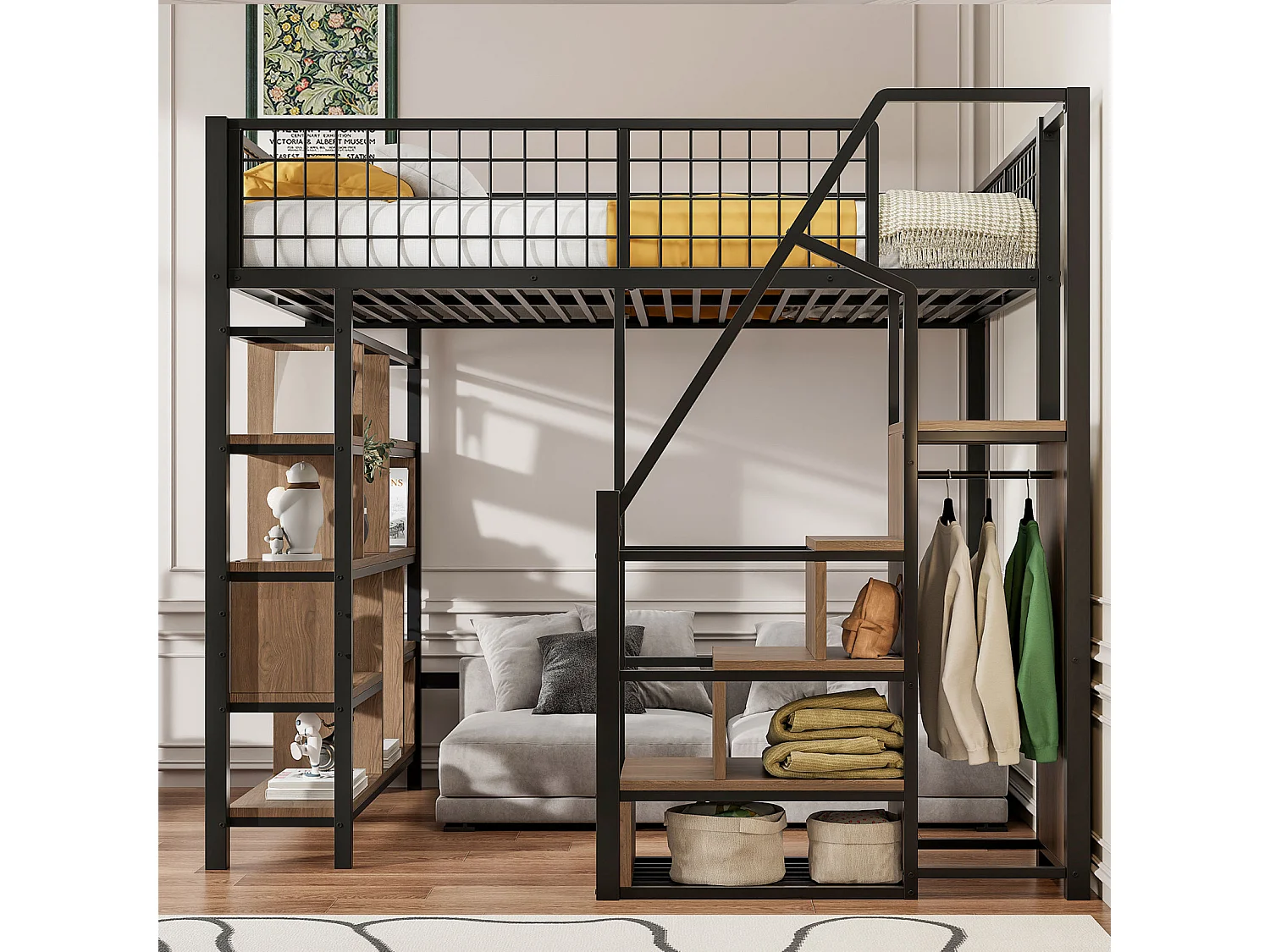 Letto a soppalco multifunzionale 140x200 cm, letto in metallo con contenitore, ripiani e scaletta - per adulti e bambini, nero