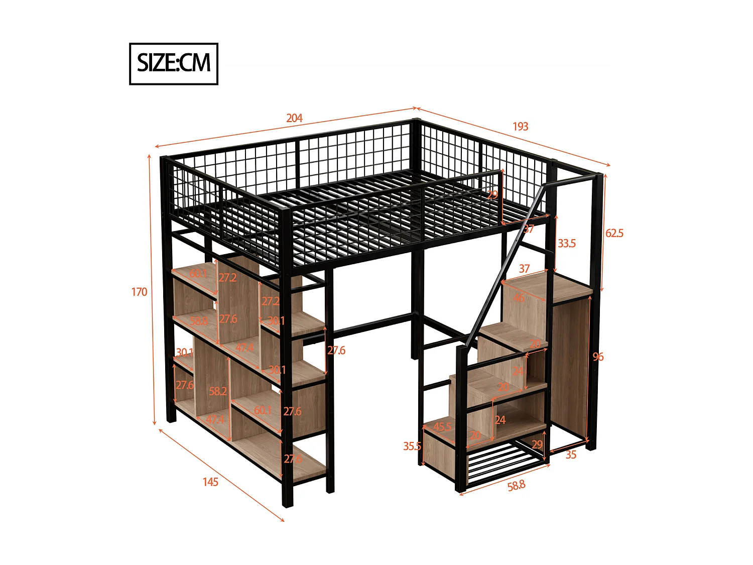 Letto a soppalco multifunzionale 140x200 cm, letto in metallo con contenitore, ripiani e scaletta - per adulti e bambini, nero