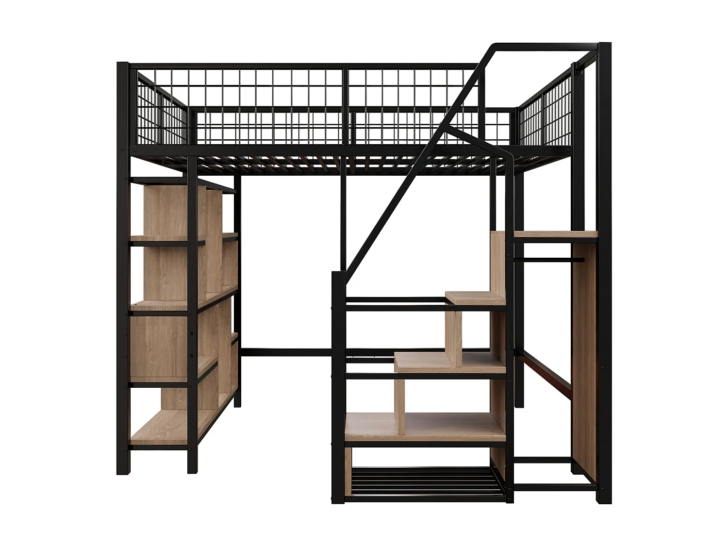 Letto a soppalco multifunzionale 140x200 cm, letto in metallo con contenitore, ripiani e scaletta - per adulti e bambini, nero