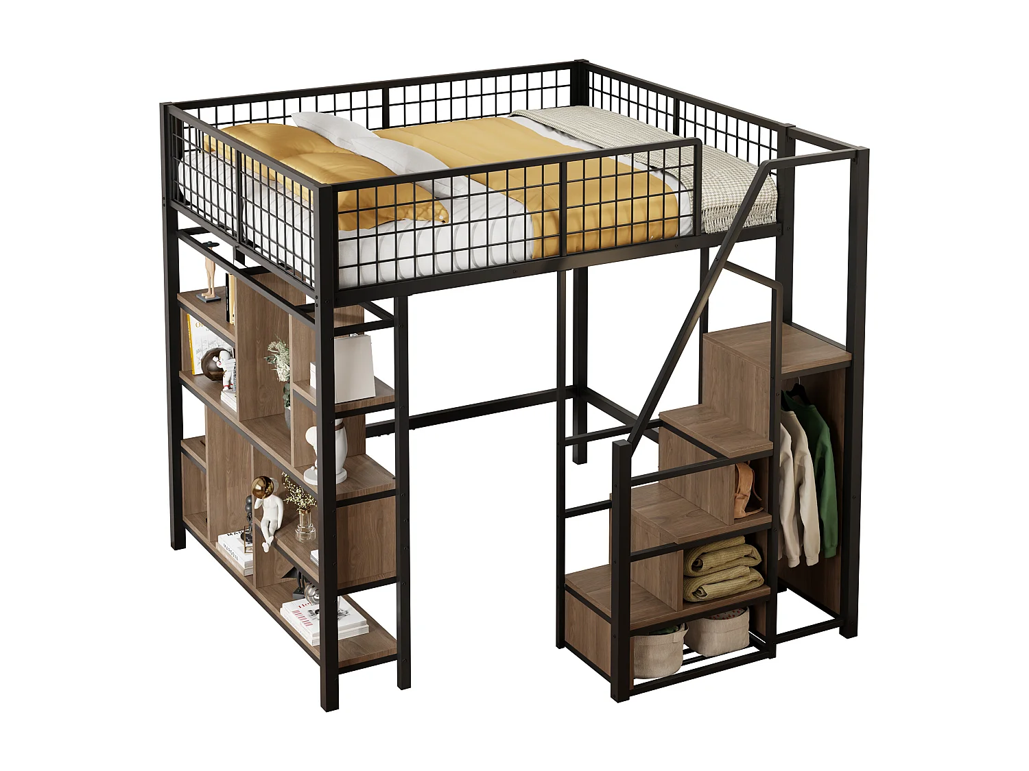 Letto a soppalco multifunzionale 140x200 cm, letto in metallo con contenitore, ripiani e scaletta - per adulti e bambini, nero