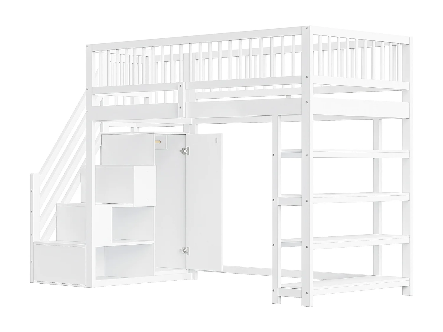 Lit Mezzanine 90x200 cm avec Barrière de Sécurité, Penderie, Étageres et Rangement, Échelle Sécurisée - Bois Massif, Blanc