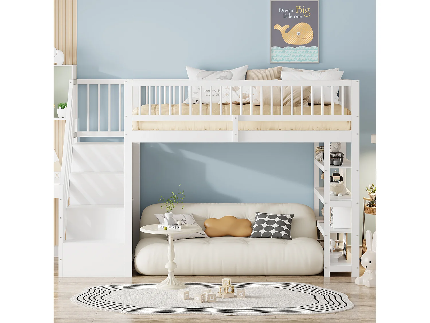 Lit Mezzanine 90x200 cm avec Barrière de Sécurité, Penderie, Étageres et Rangement, Échelle Sécurisée - Bois Massif, Blanc