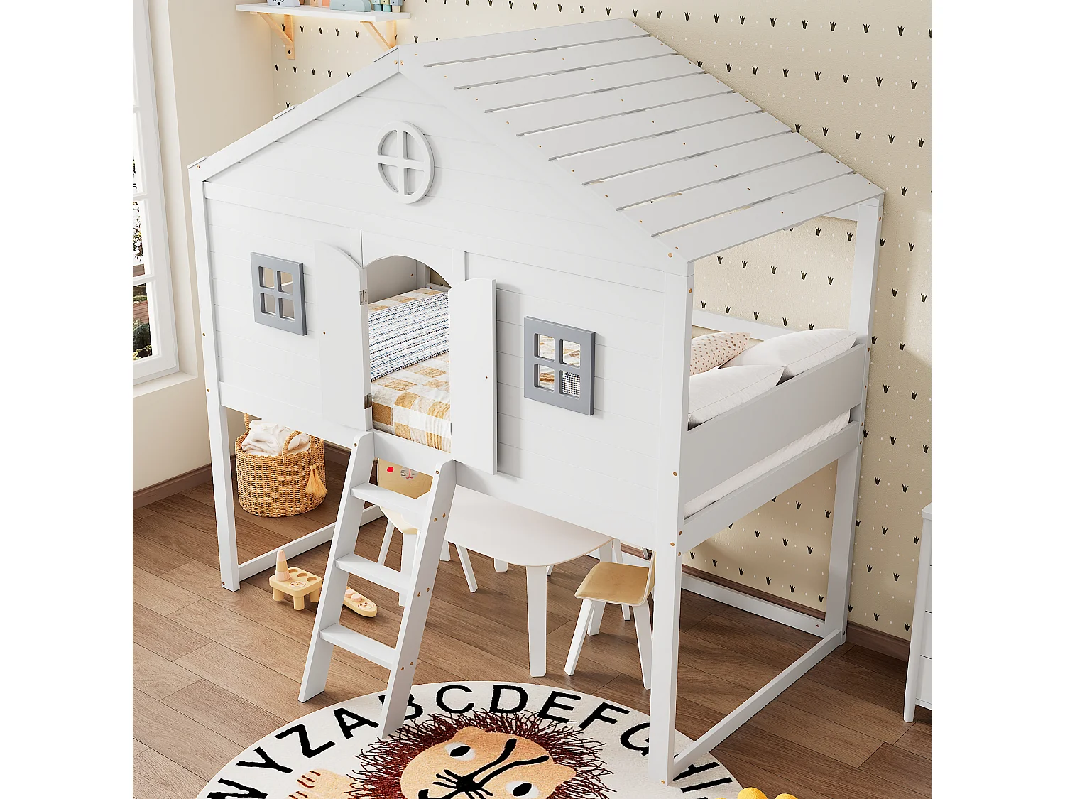 Lit Maison 90x200 cm avec Échelle, Garde-Corps et Fenêtres, Sous-Lit Personnalisé, Cadre en Pin - Blanc et Gris