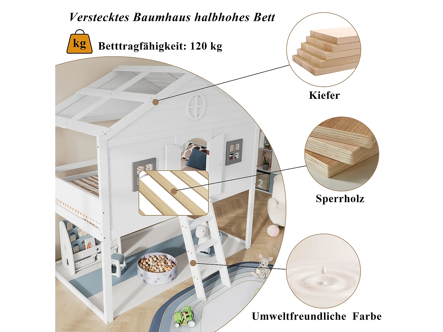 Lit Maison 90x200 cm avec Échelle, Garde-Corps et Fenêtres, Sous-Lit Personnalisé, Cadre en Pin - Blanc et Gris