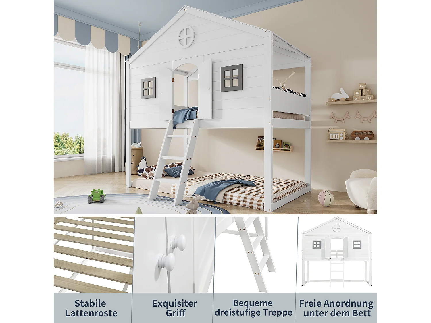 Letto a castello 90x200 cm con scala, sponda e finestre, sottoletto personalizzato, struttura in pino - bianco e grigio