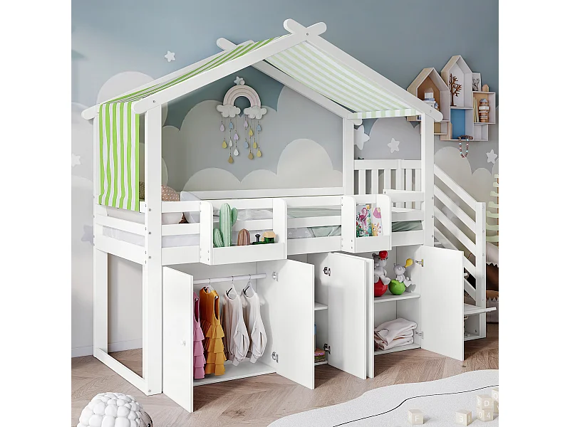 Lit Superposé Enfant 90x200 cm, Protection Anti-Chute, Armoire et Rangement, Tissu Rayé - Pin + MDF, Blanc + Vert