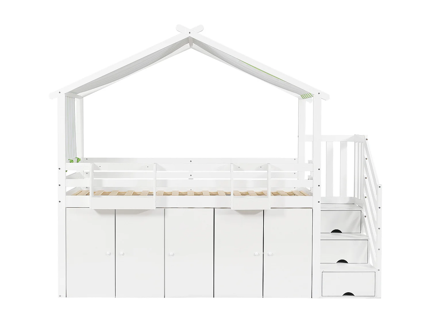 Lit Superposé Enfant 90x200 cm, Protection Anti-Chute, Armoire et Rangement, Tissu Rayé - Pin + MDF, Blanc + Vert