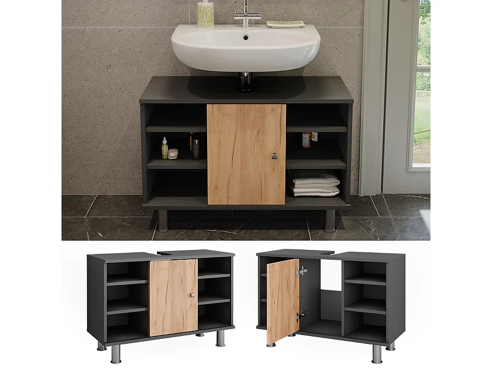 Meuble sous lavabo anthracite/chêne doré 80x32x54 fynn