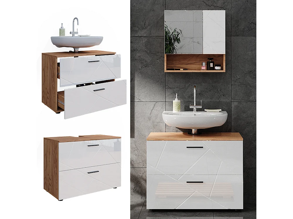 Wastafelonderkast wit hoogglans/goud power eiken 80x41x58.6 irma