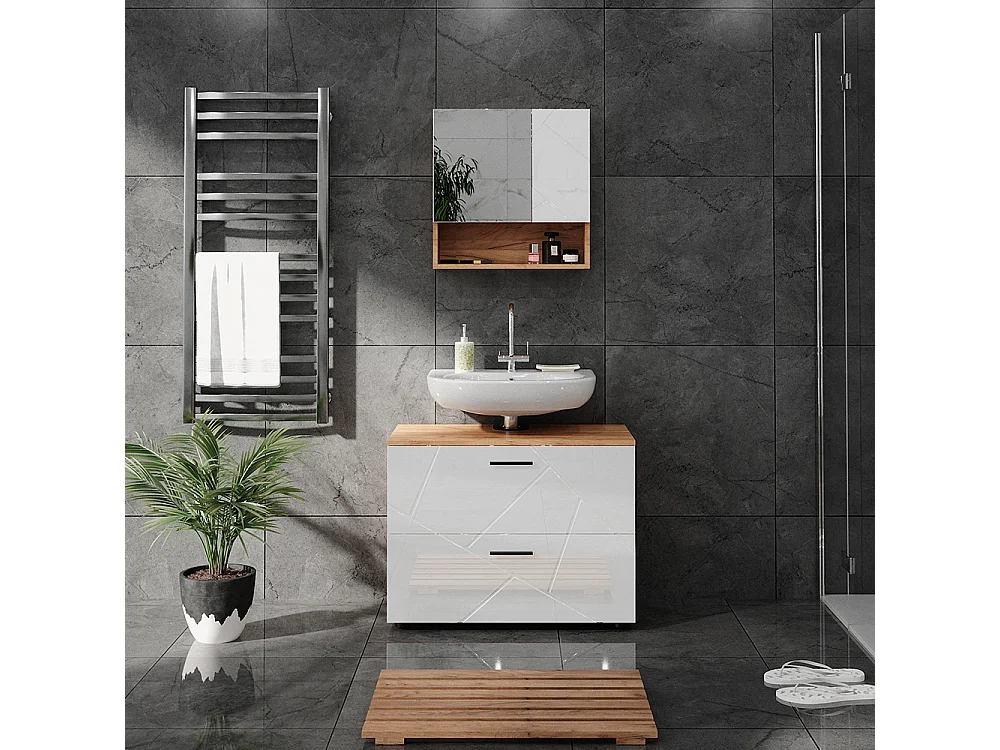 Wastafelonderkast wit hoogglans/goud power eiken 80x41x58.6 irma