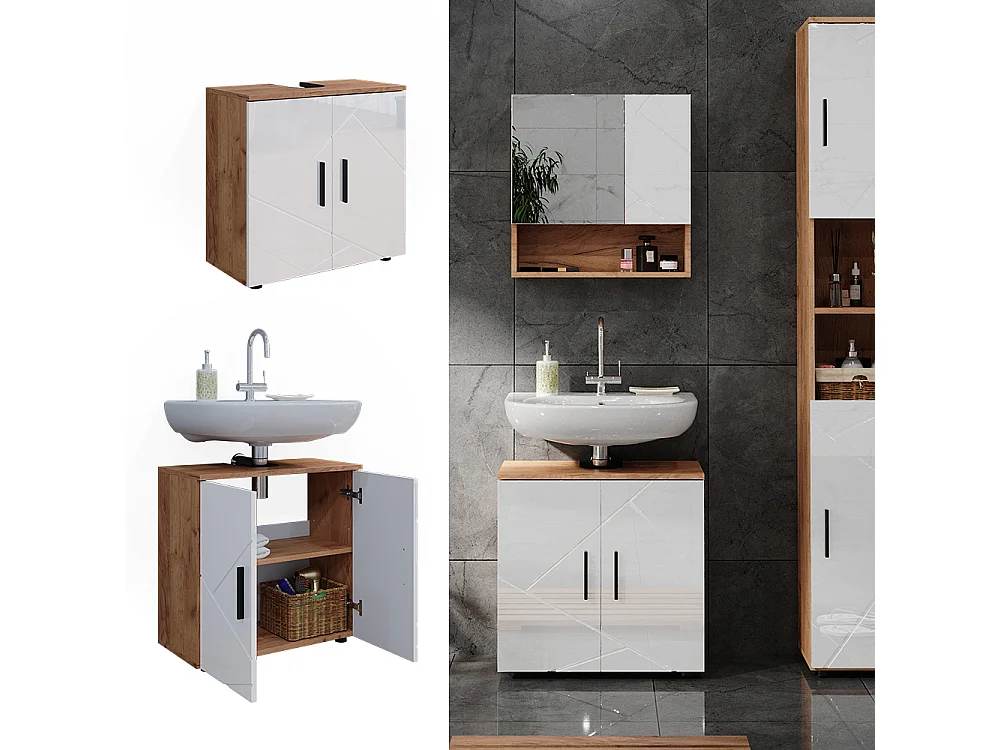 Meuble sous vasque simple blanc brillant/chêne doré 60x30x59 irma