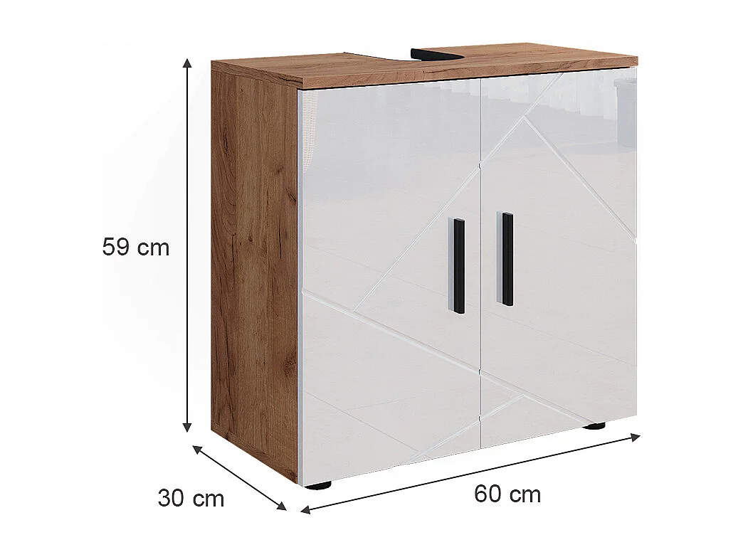 Meuble sous vasque simple blanc brillant/chêne doré 60x30x59 irma