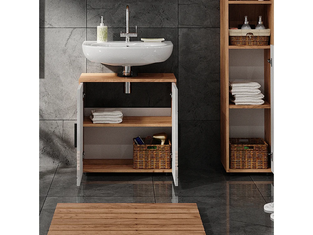 Meuble sous vasque simple blanc brillant/chêne doré 60x30x59 irma