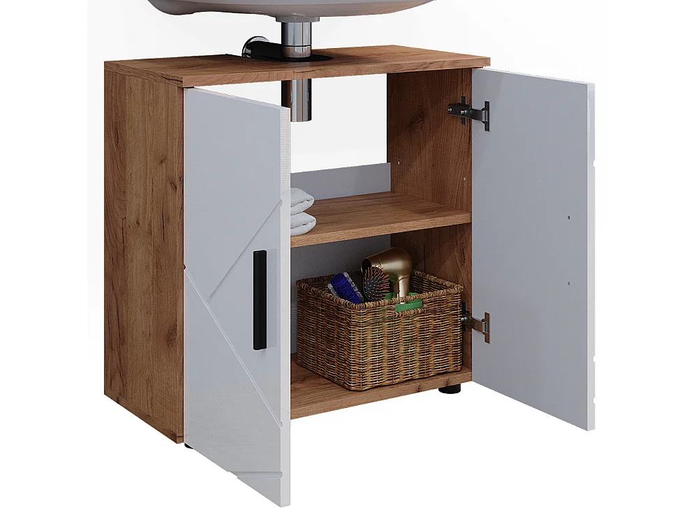 Meuble sous vasque simple blanc brillant/chêne doré 60x30x59 irma