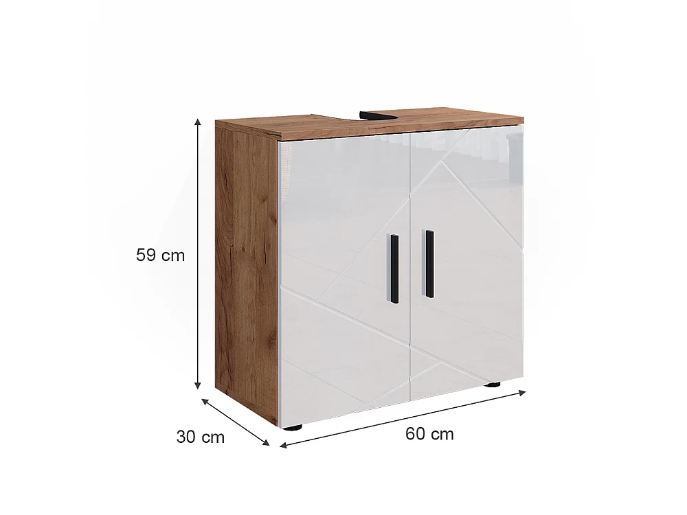 Meuble sous vasque simple blanc brillant/chêne doré 60x30x59 irma