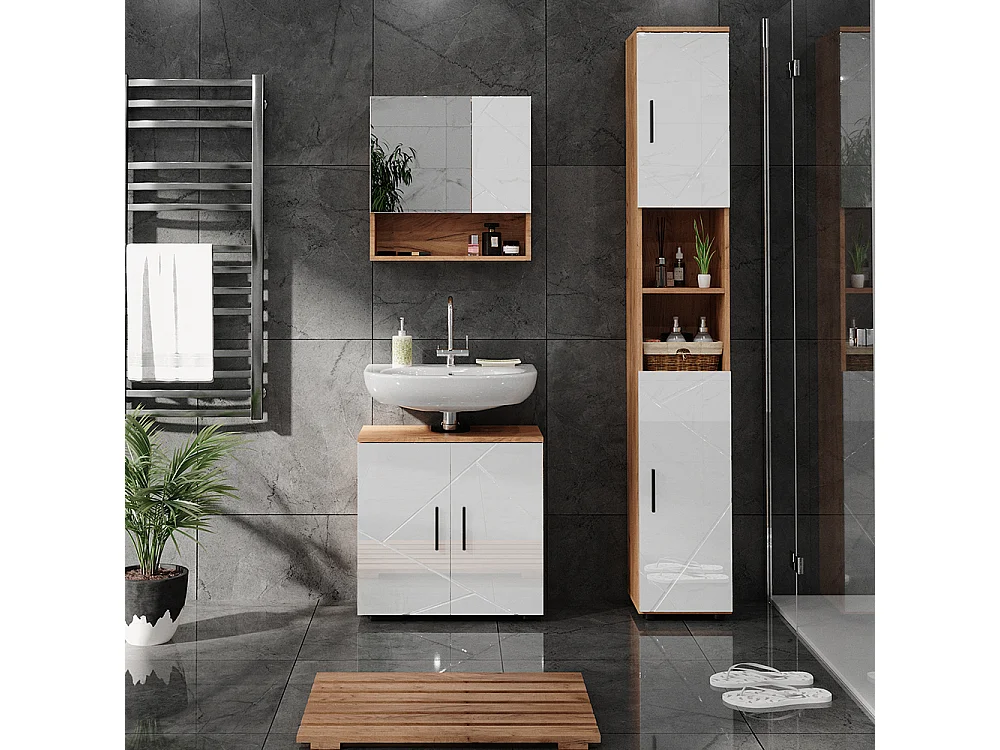 Meuble sous vasque simple blanc brillant/chêne doré 60x30x59 irma