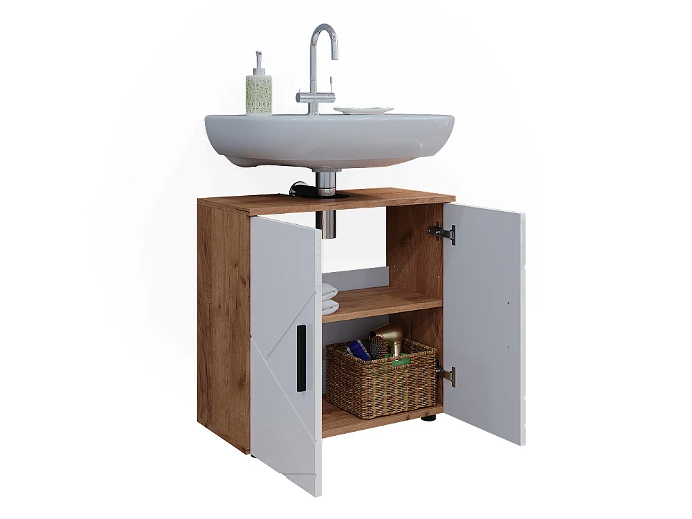 Meuble sous vasque simple blanc brillant/chêne doré 60x30x59 irma