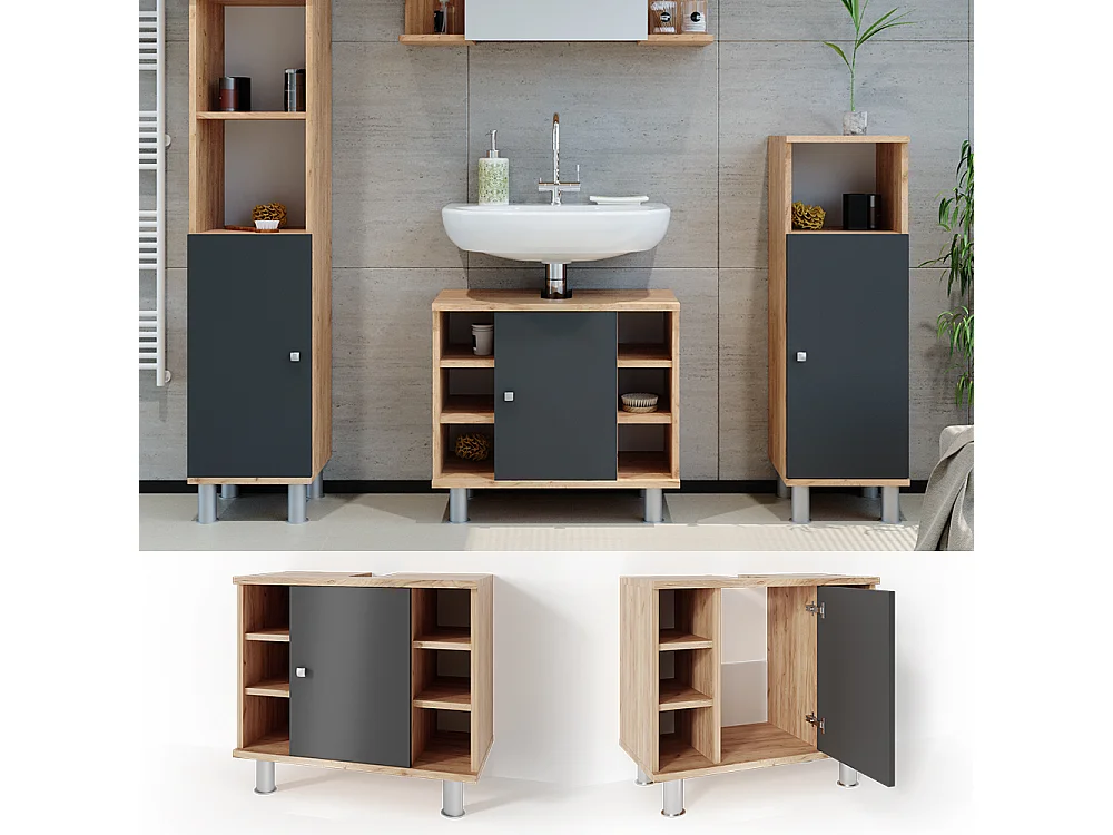 Meuble sous vasque simple anthracite/chêne doré 60x32x54 fynn