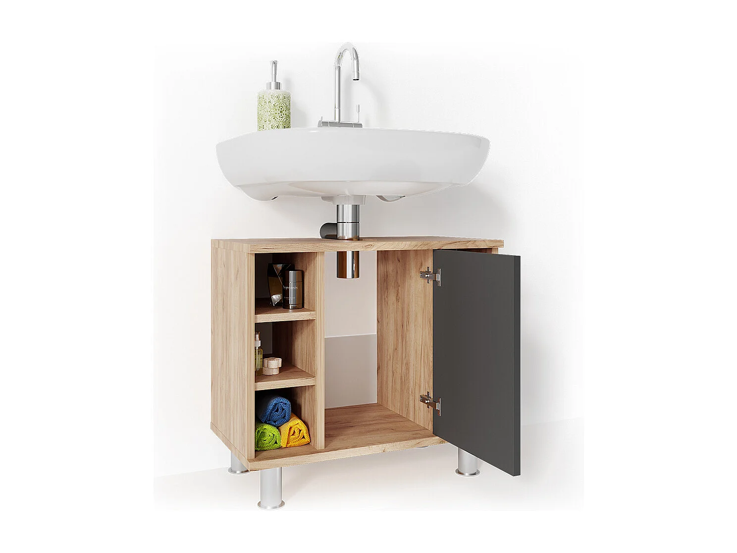 Meuble sous vasque simple anthracite/chêne doré 60x32x54 fynn