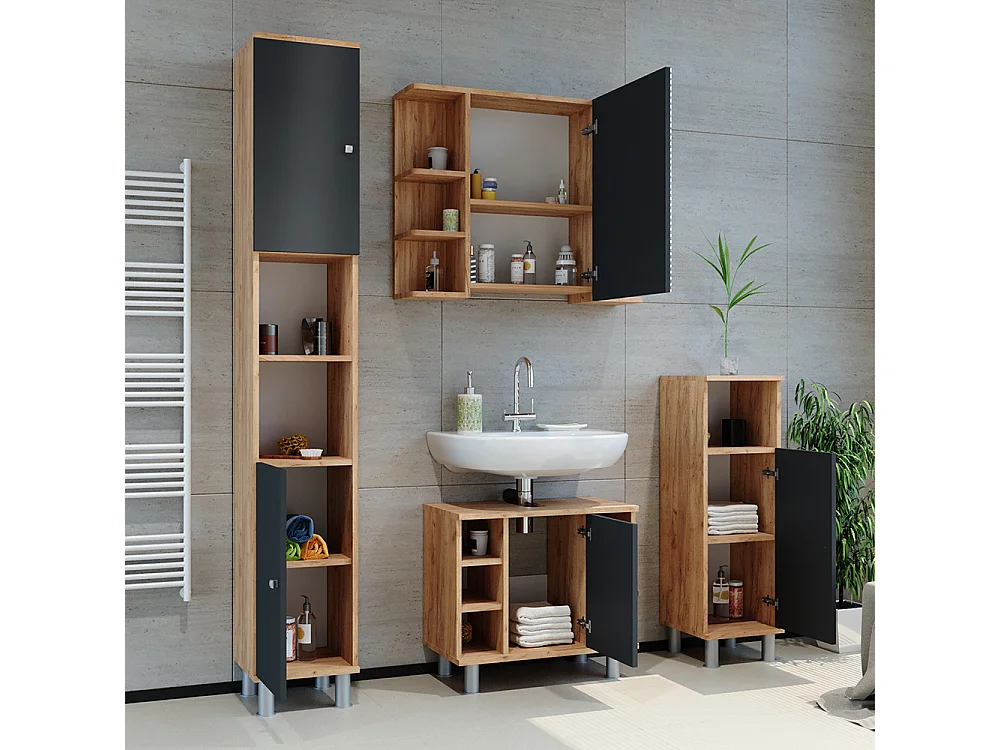 Meuble sous vasque simple anthracite/chêne doré 60x32x54 fynn